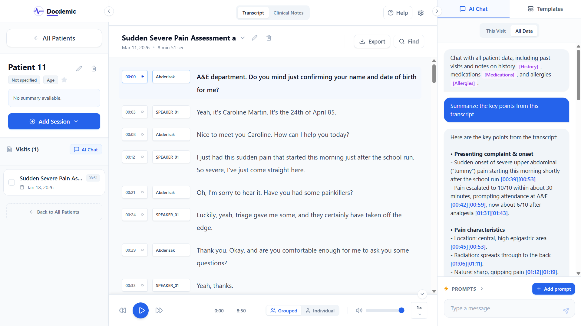Secure AI chat interface for querying transcripts and clinical documentation