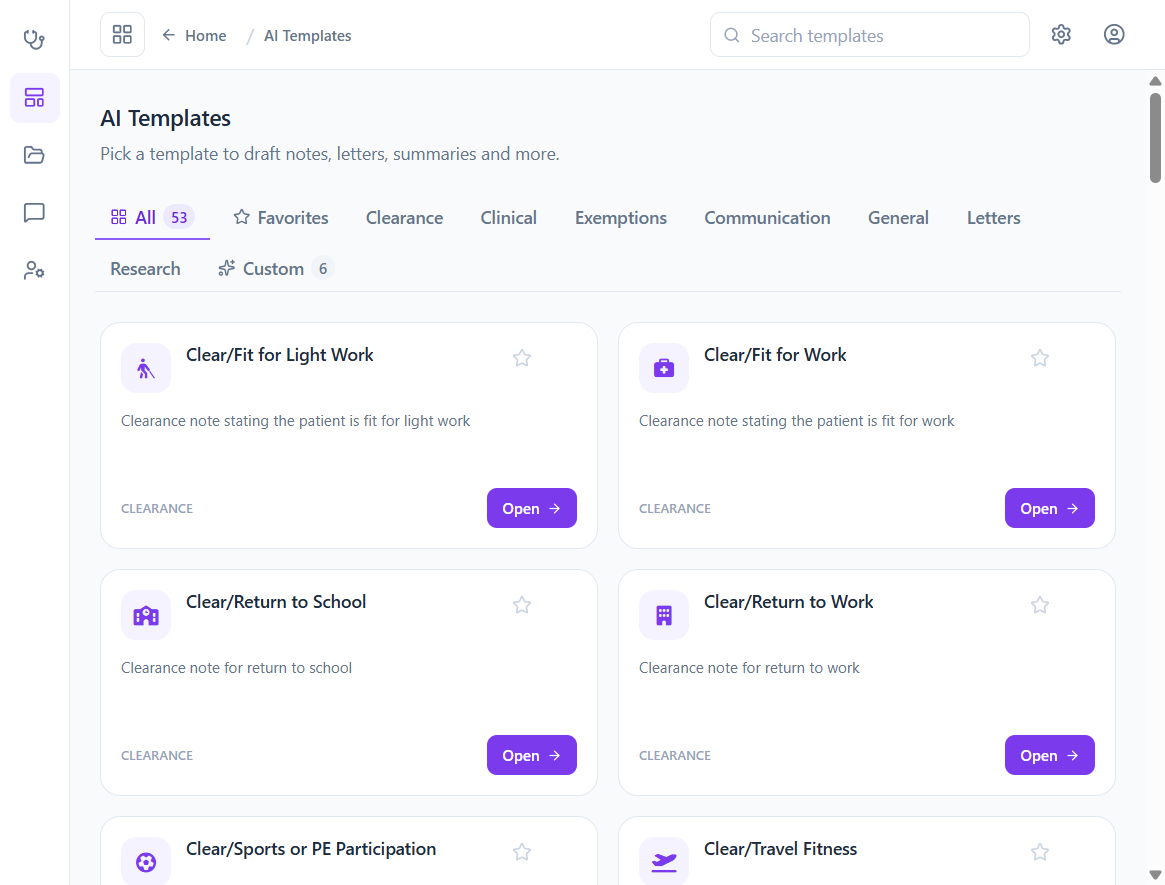 AI note templates for SOAP, SBAR, ICE, and other clinical documentation formats