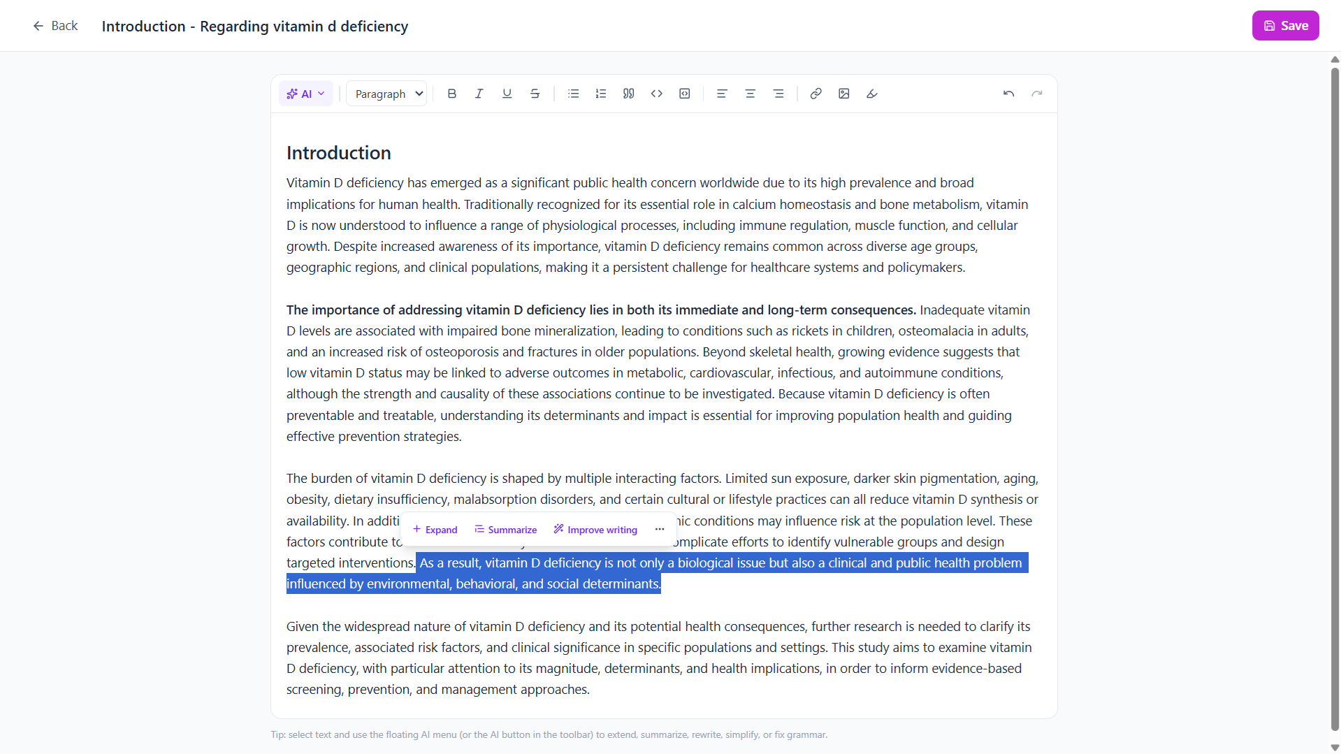 AI Writer for editing and refining clinical documentation
