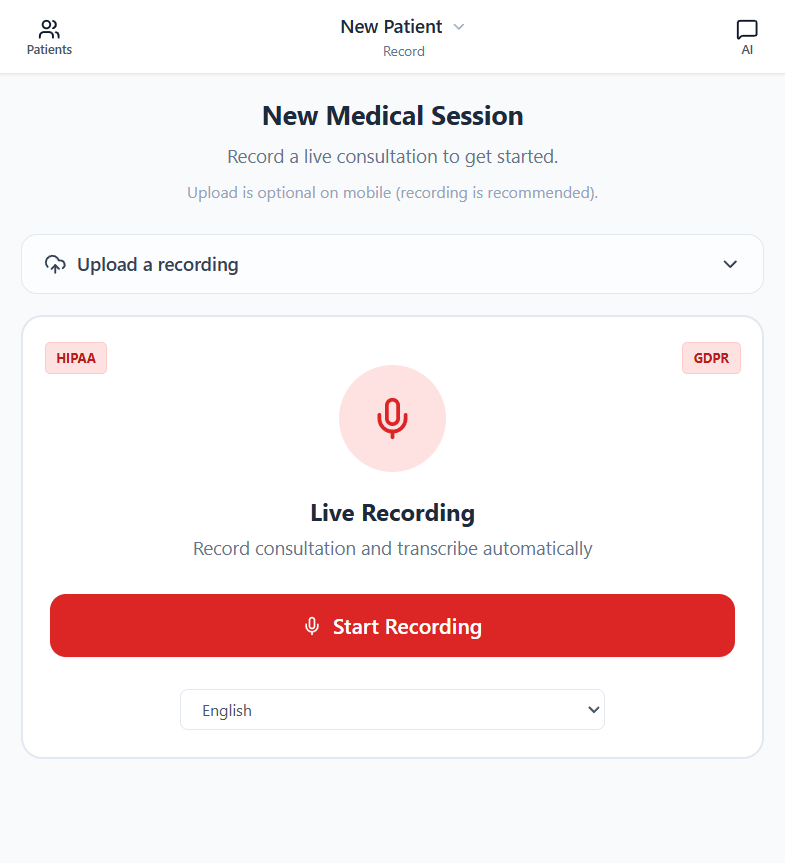 Record or upload audio for transcription in Docdemic